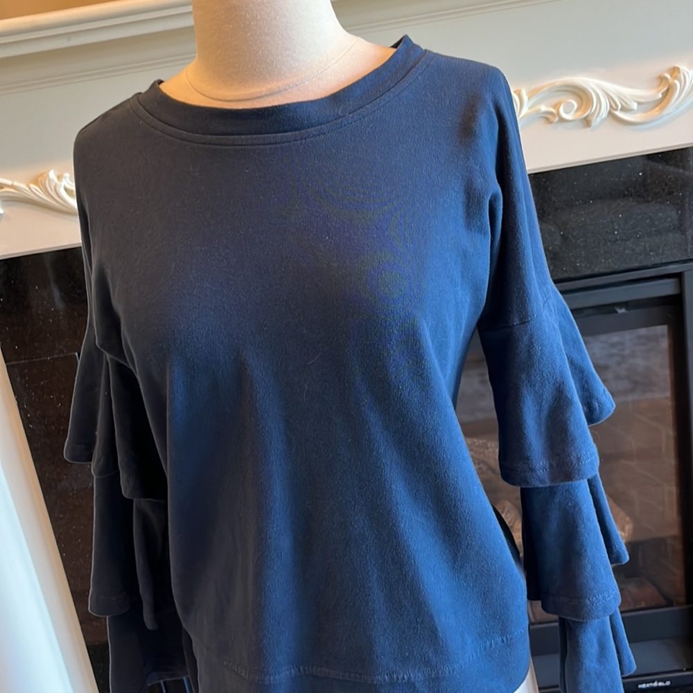 Penelope Project Blue Knit Cropped Top Cotton Double Ruffle Sleeve